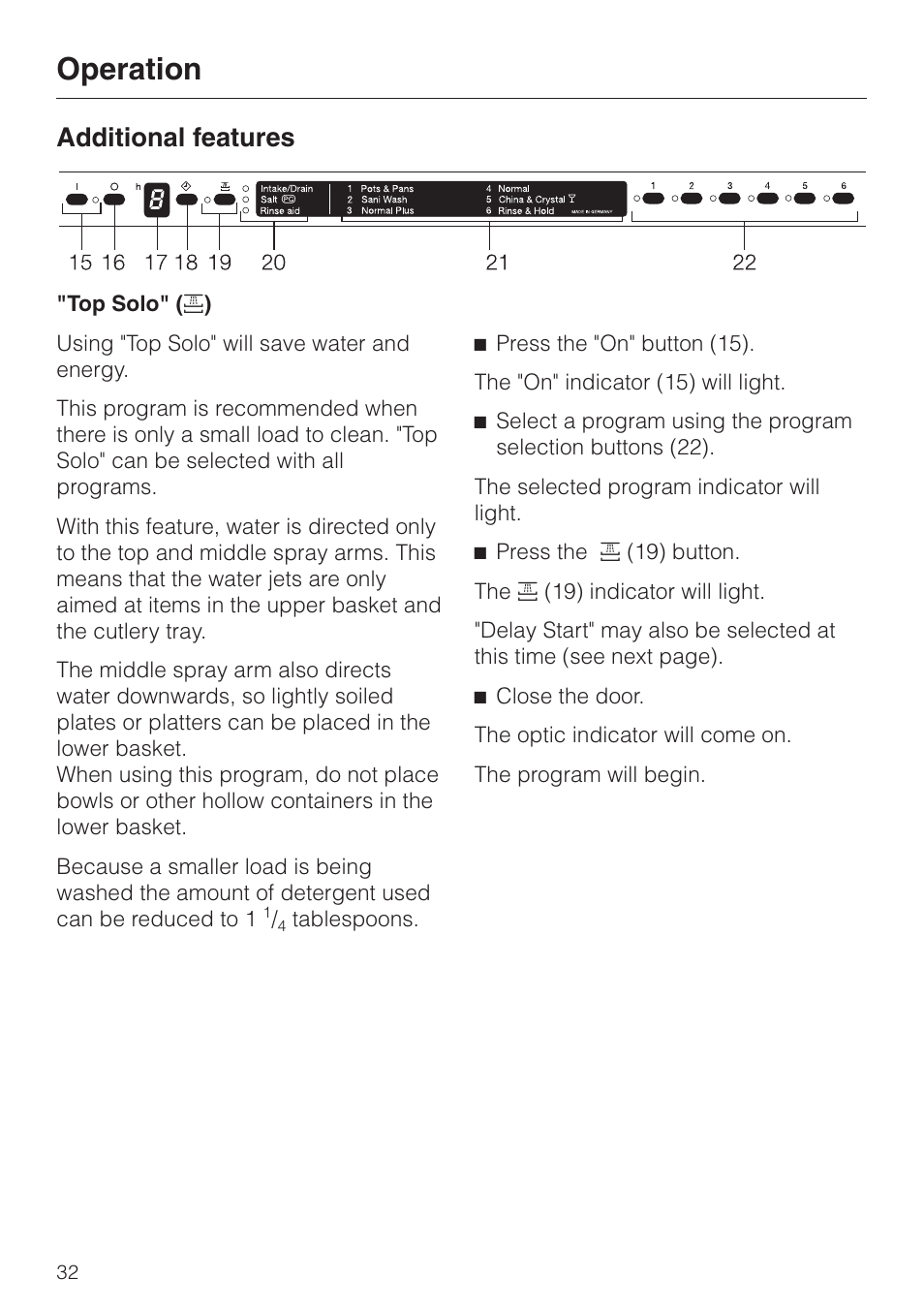 Additional features 32, Top solo" ( 2 ) 32, Additional features | Top solo, Operation | Miele INCOGNITO G 818 SCVI User Manual | Page 32 / 56