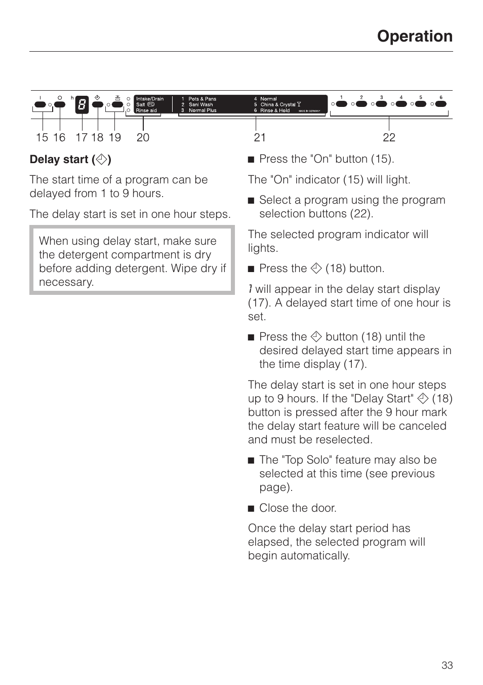 Delay start ( d ) 33, Delay start, Operation | Miele INCOGNITO G 818 SCVI User Manual | Page 33 / 56