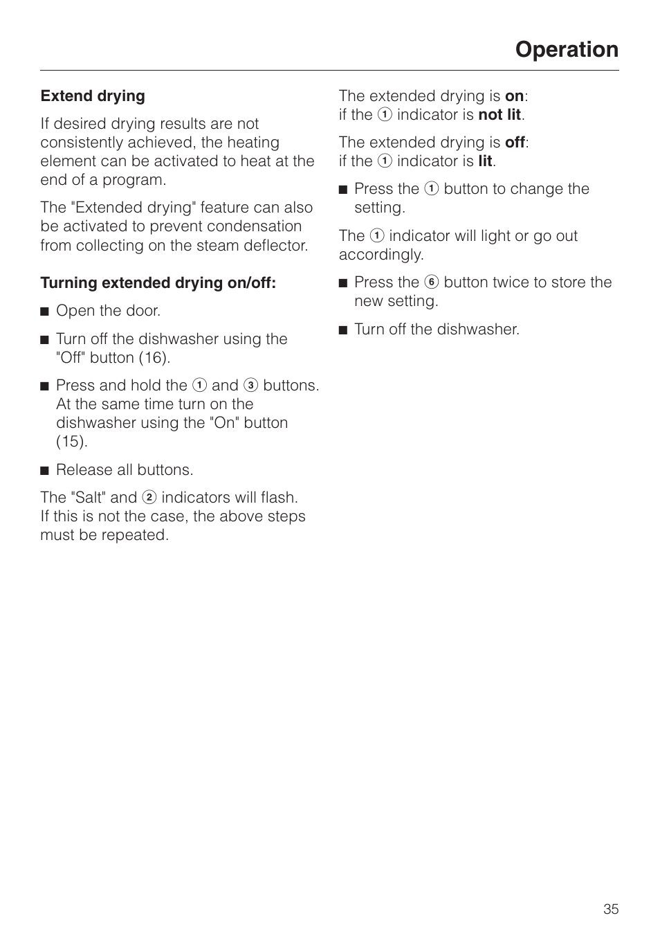 Extend drying 35, Extend drying, Operation | Miele INCOGNITO G 818 SCVI User Manual | Page 35 / 56