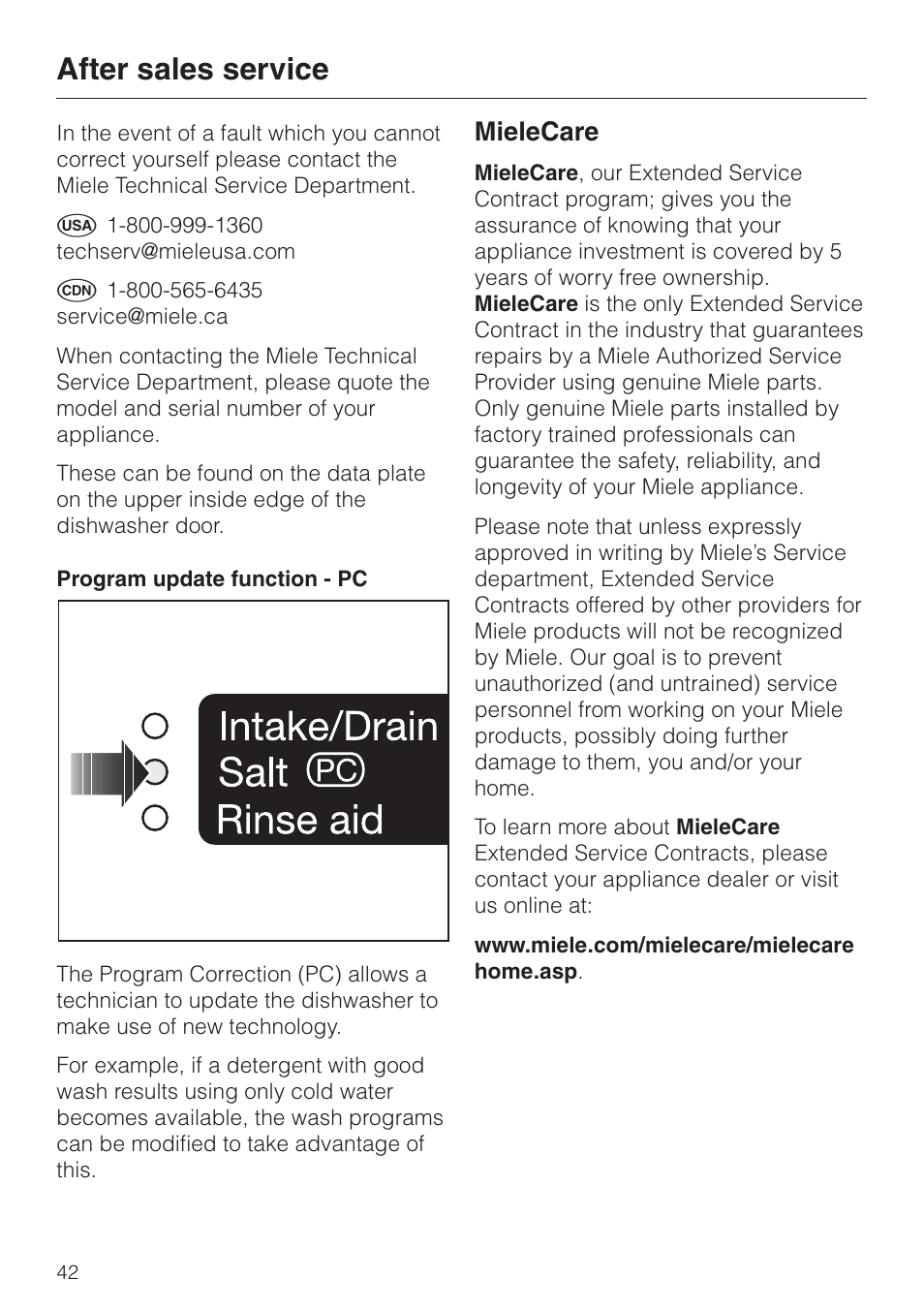 After sales service 42, After sales service, Mielecare | Miele INCOGNITO G 818 SCVI User Manual | Page 42 / 56