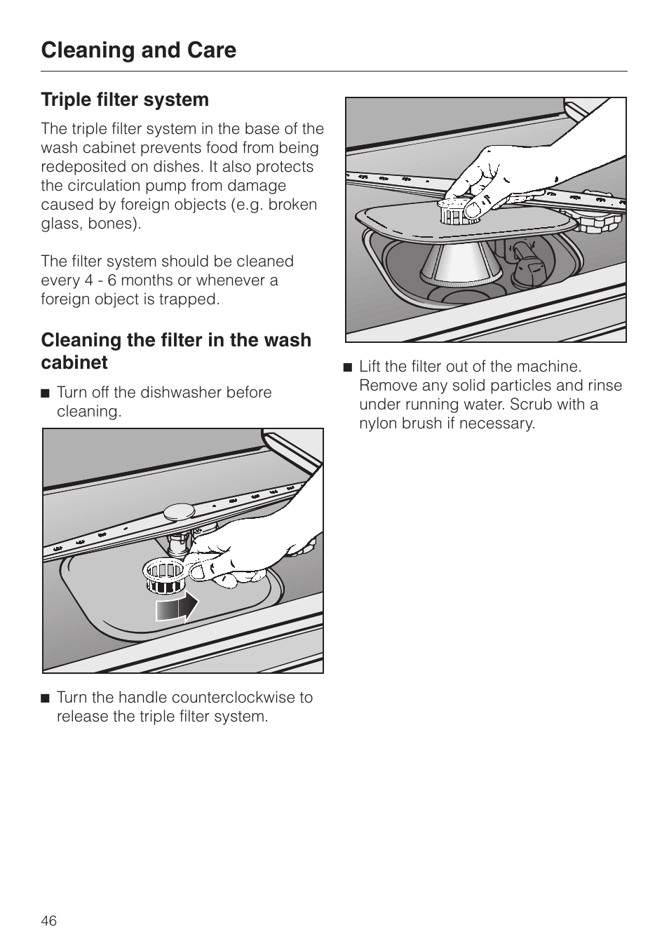 Cleaning and care 46, Cleaning the filter in the wash cabinet 46, Cleaning and care | Cleaning the filter in the wash cabinet, Triple filter system | Miele INCOGNITO G 818 SCVI User Manual | Page 46 / 56