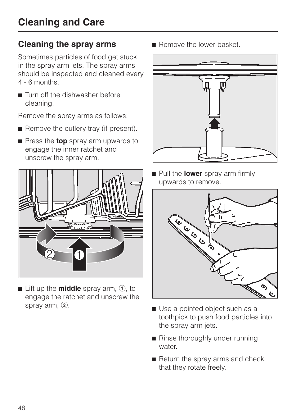 Cleaning the spray arms 48, Cleaning the spray arms, Cleaning and care | Miele INCOGNITO G 818 SCVI User Manual | Page 48 / 56