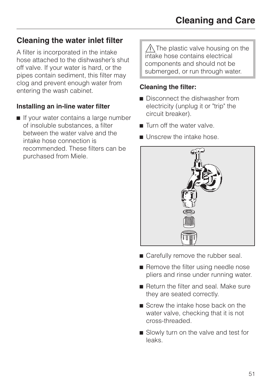 Cleaning the water inlet filter 51, Cleaning the water inlet filter, Cleaning and care | Miele INCOGNITO G 818 SCVI User Manual | Page 51 / 56