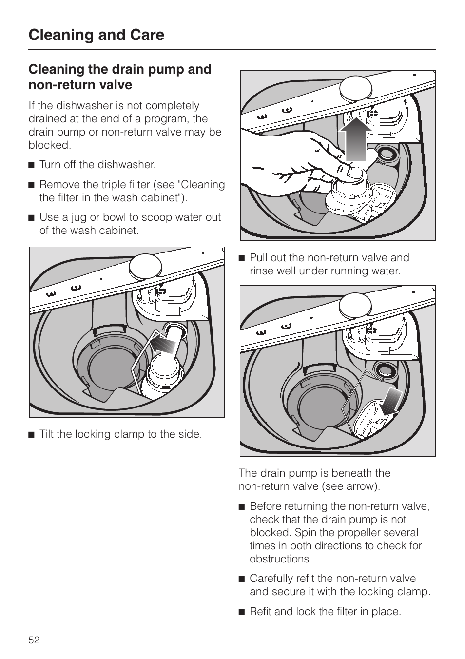 Cleaning the drain pump and non-return valve 52, Cleaning the drain pump and non-return valve, Cleaning and care | Miele INCOGNITO G 818 SCVI User Manual | Page 52 / 56