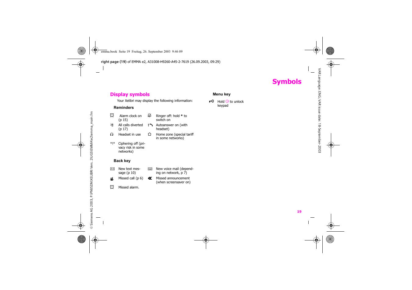 Symbols, Display symbols | Siemens Xelibri 7 User Manual | Page 20 / 31