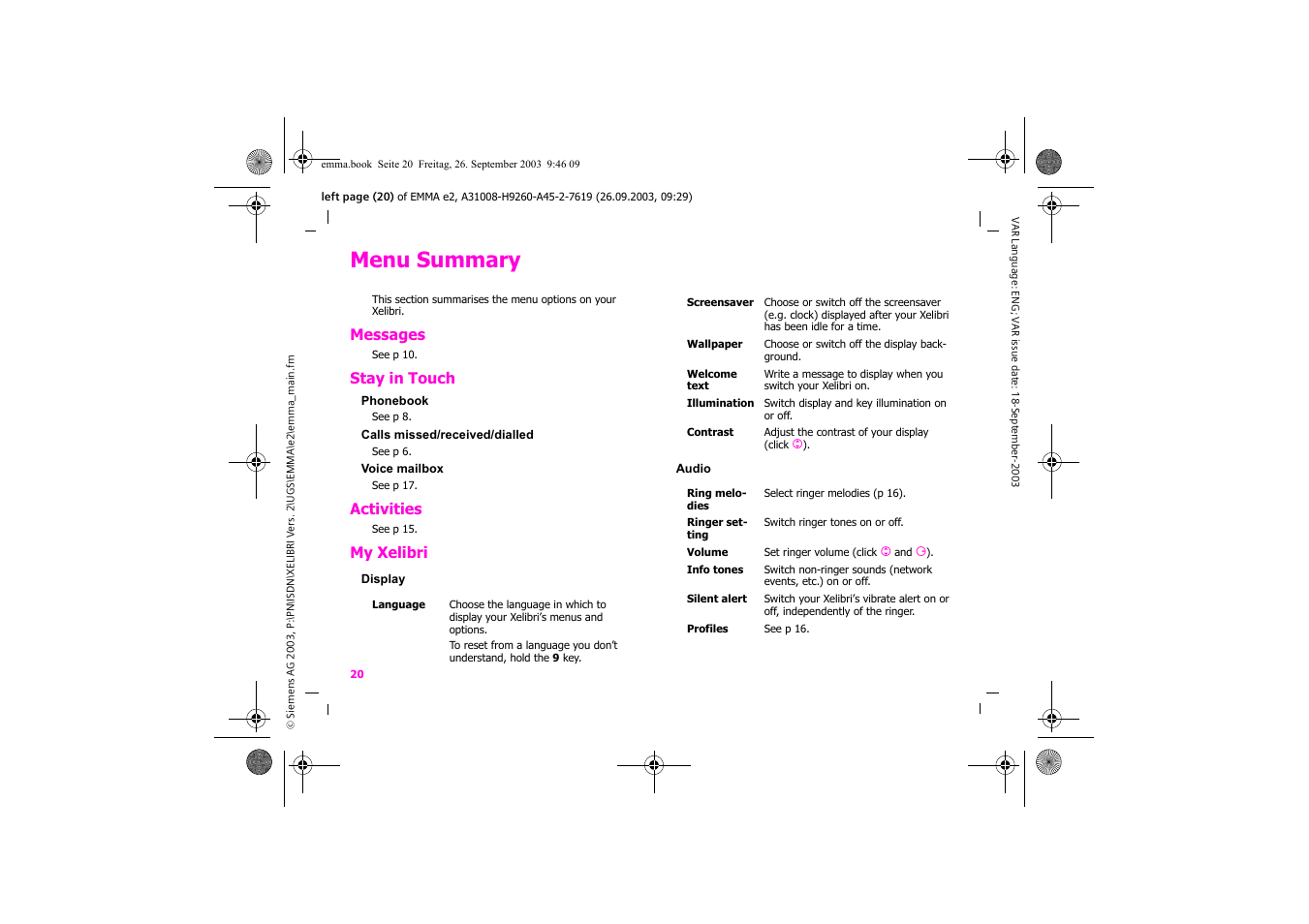 Menu summary | Siemens Xelibri 7 User Manual | Page 21 / 31