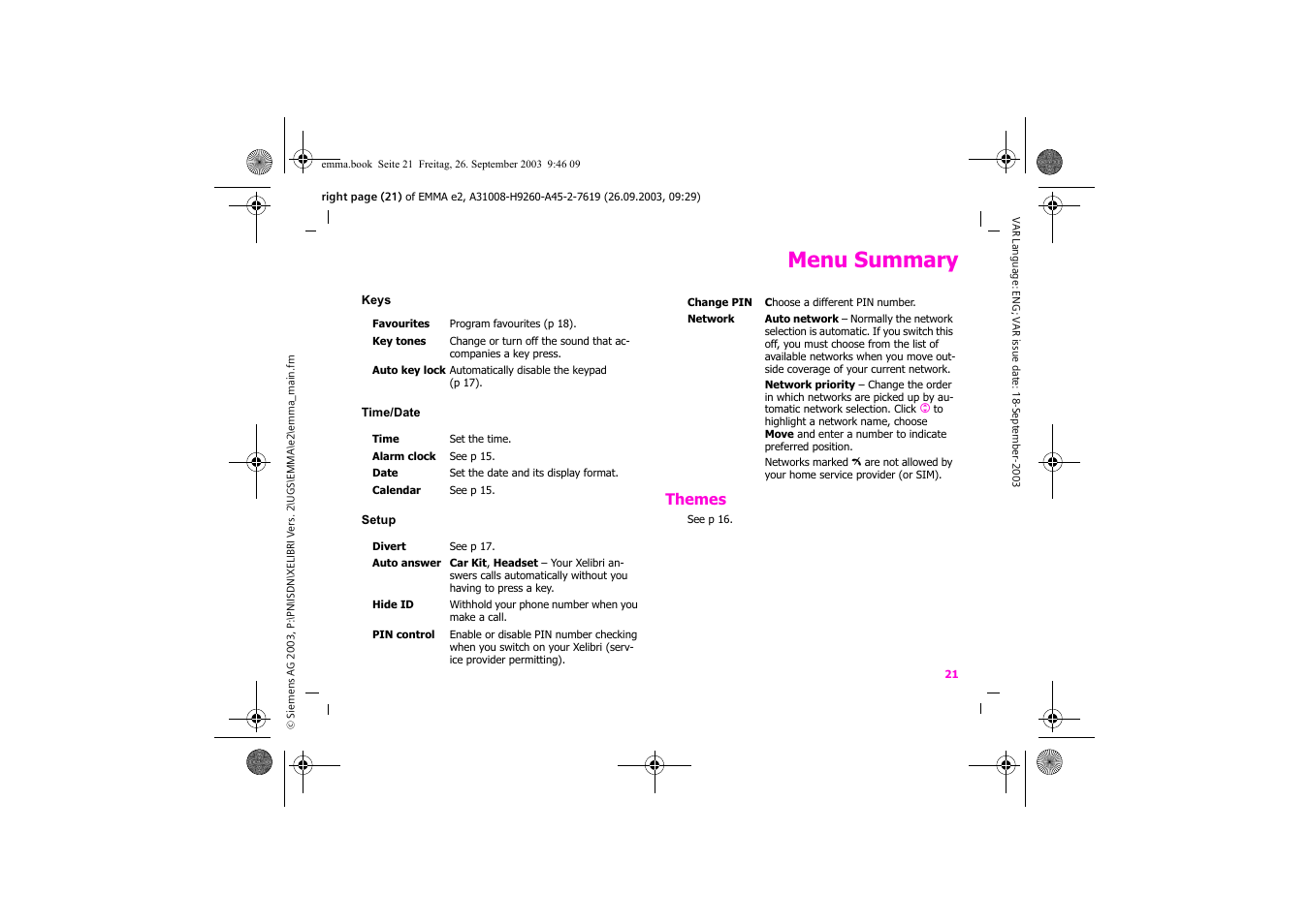 Menu summary, Themes | Siemens Xelibri 7 User Manual | Page 22 / 31