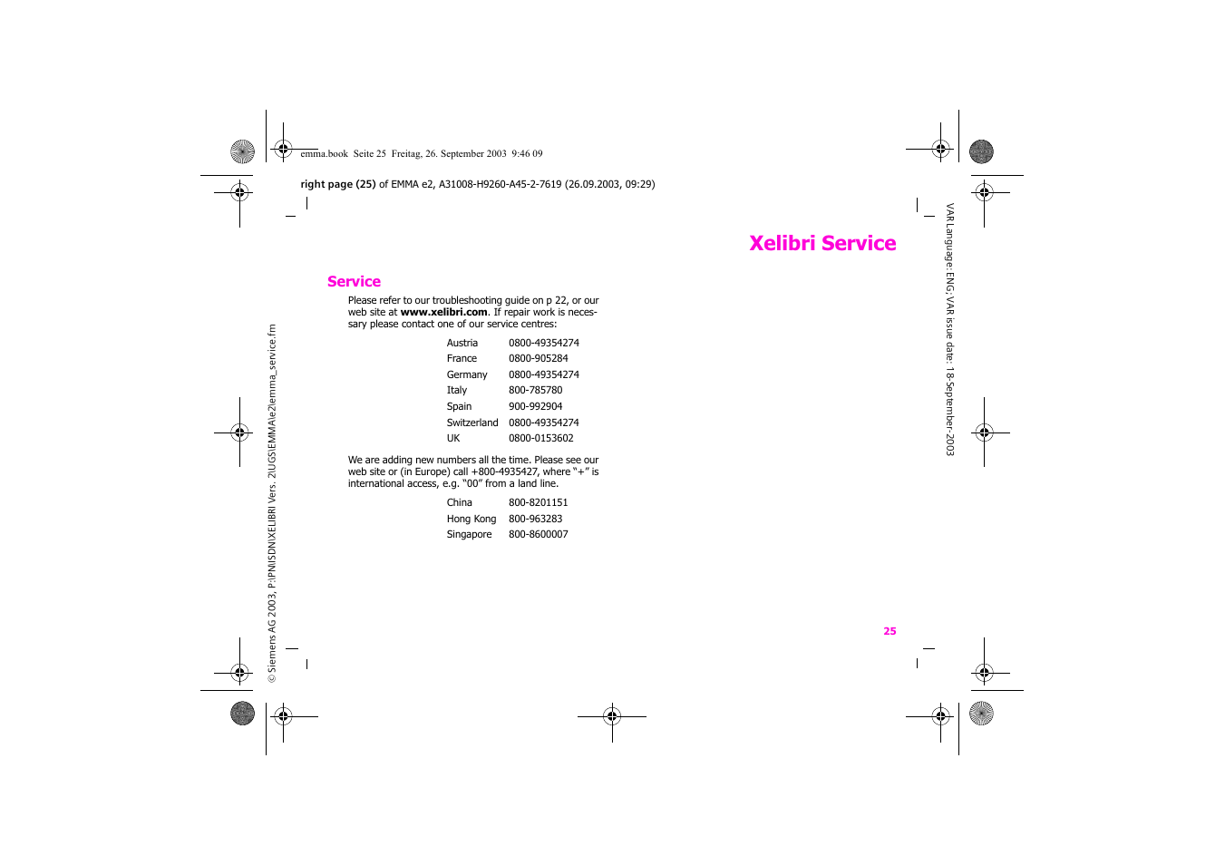 Xelibri service, Service | Siemens Xelibri 7 User Manual | Page 26 / 31