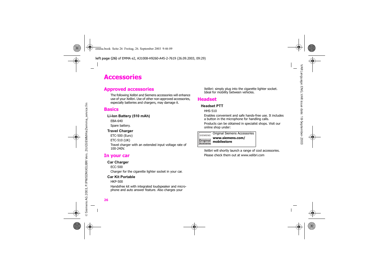 Accessories | Siemens Xelibri 7 User Manual | Page 27 / 31