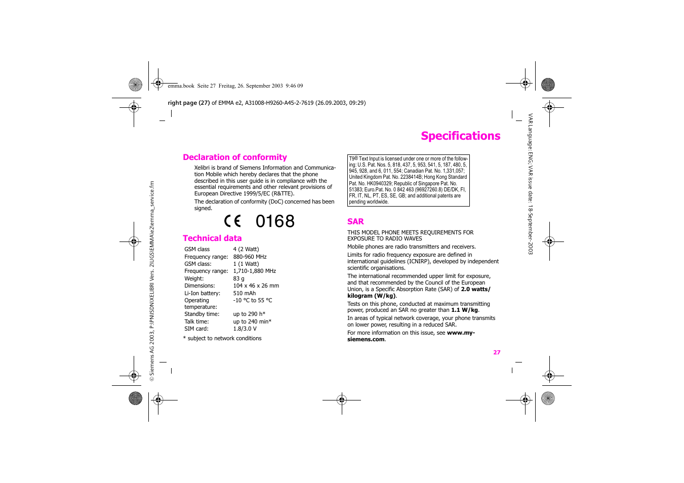 Specifications | Siemens Xelibri 7 User Manual | Page 28 / 31