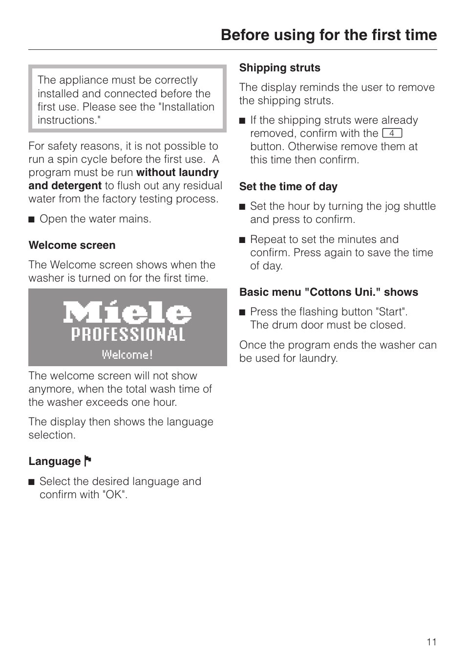 Before using for the first time 11, Before using for the first time | Miele PW 6065 User Manual | Page 11 / 72