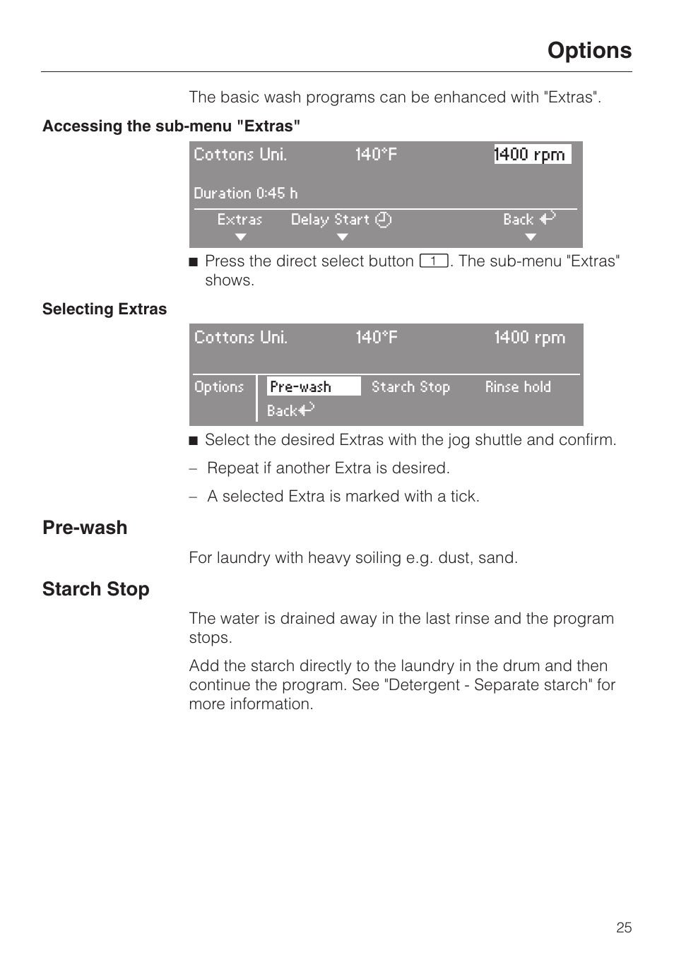 Options 25, Options, Pre-wash | Starch stop | Miele PW 6065 User Manual | Page 25 / 72