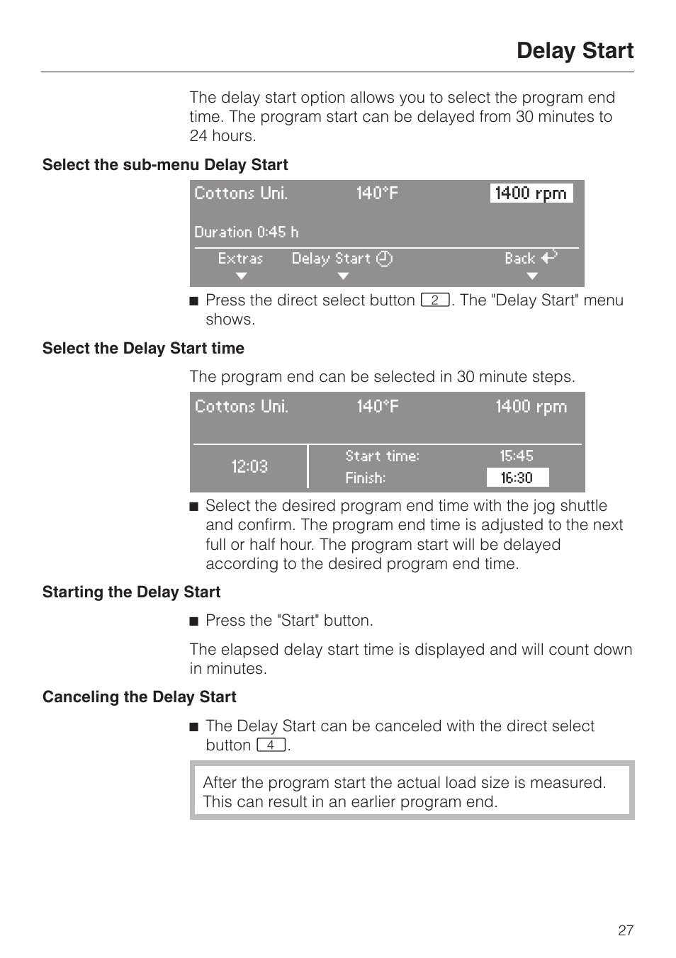 Delay start 27, Delay start | Miele PW 6065 User Manual | Page 27 / 72