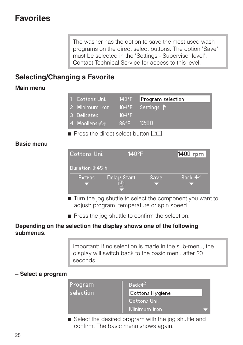 Favorites 28, Favorites, Selecting/changing a favorite | Main menu, Press the direct select button d. basic menu | Miele PW 6065 User Manual | Page 28 / 72