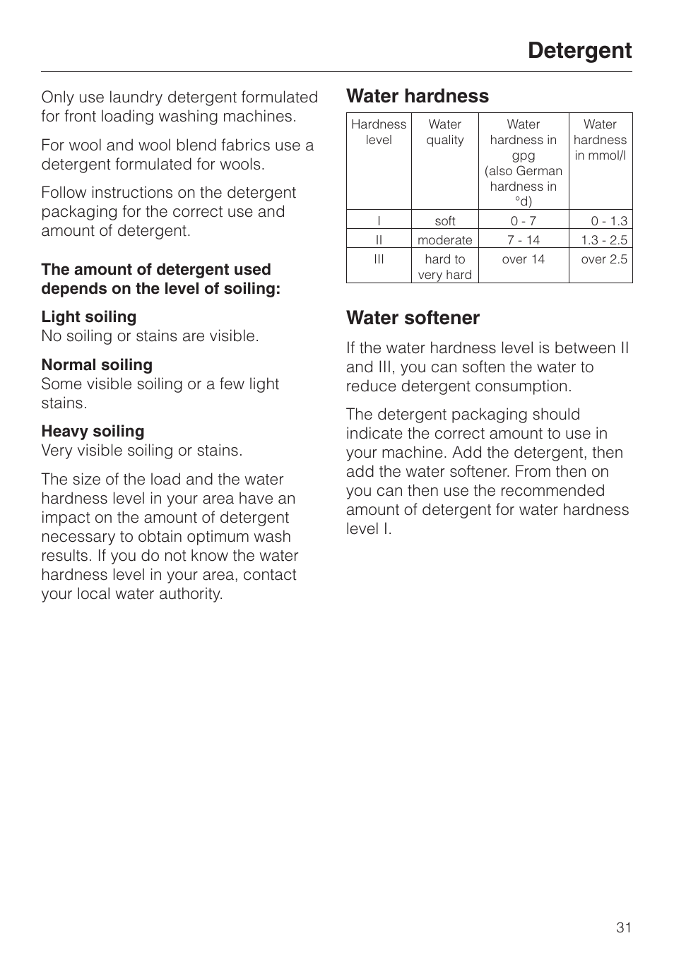 Detergent 31, Detergent, Water hardness | Water softener | Miele PW 6065 User Manual | Page 31 / 72