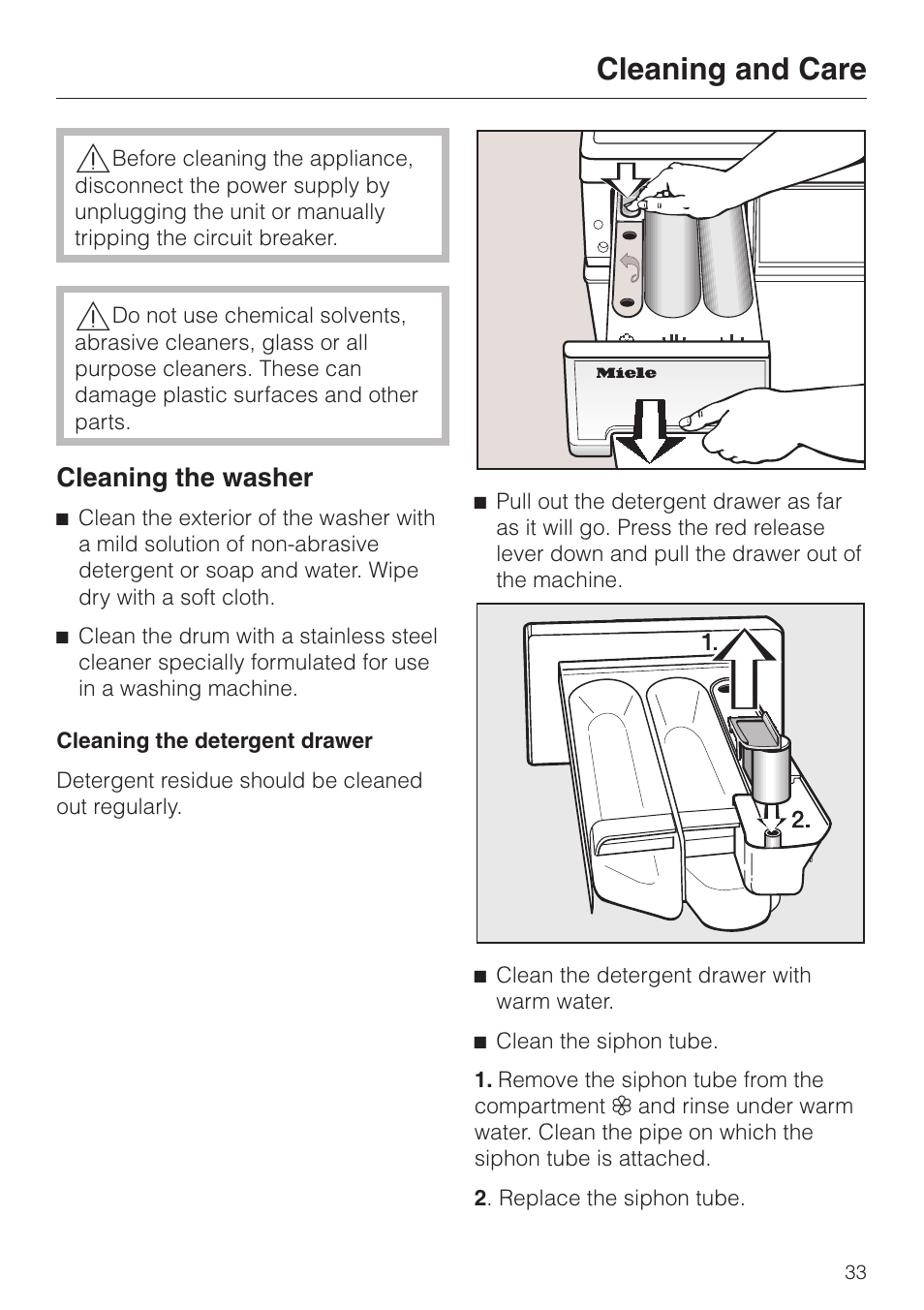 Cleaning and care 33, Cleaning the washer 33, Cleaning and care | Cleaning the washer | Miele PW 6065 User Manual | Page 33 / 72