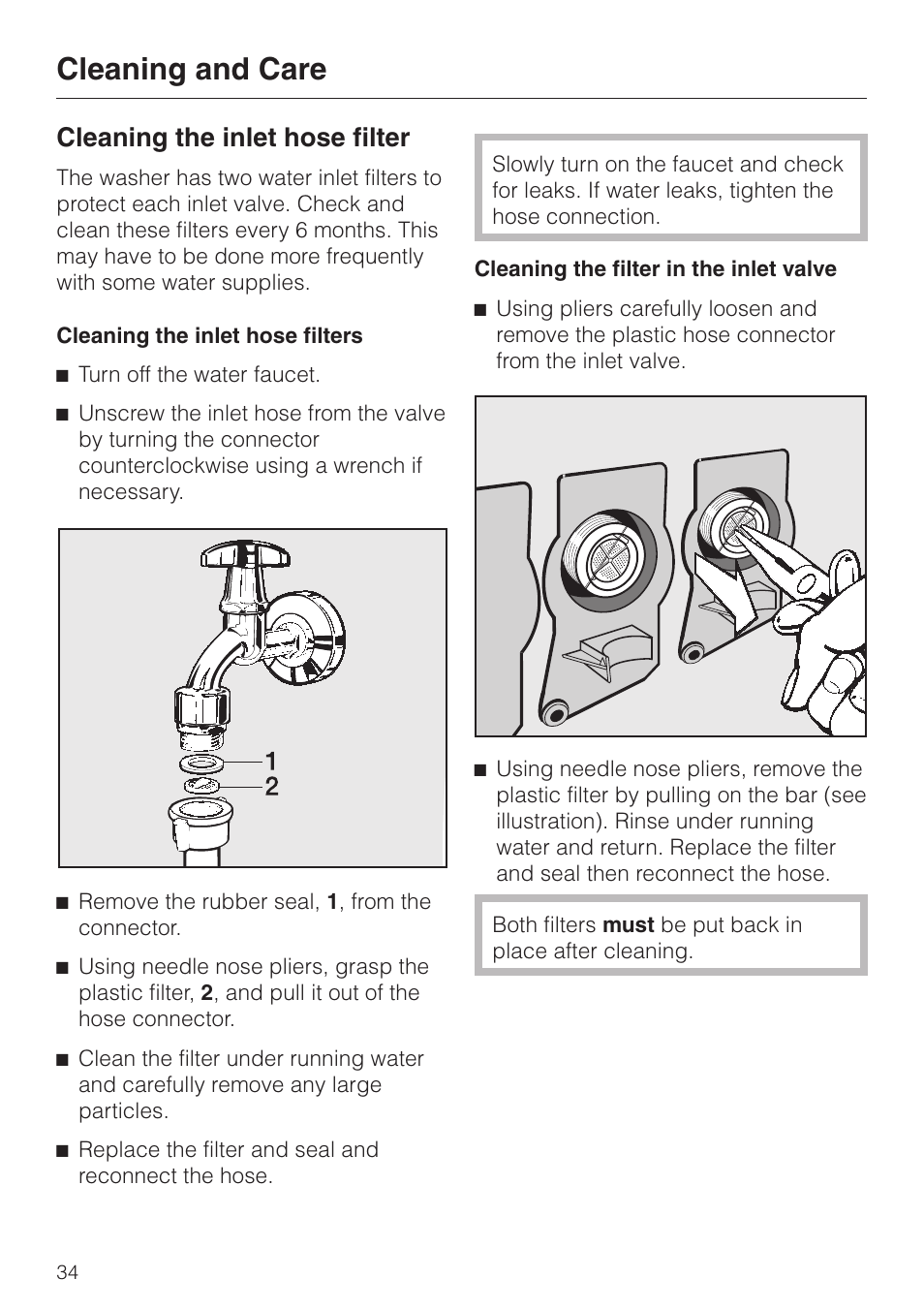 Cleaning the inlet hose filter 34, Cleaning and care, Cleaning the inlet hose filter | Miele PW 6065 User Manual | Page 34 / 72