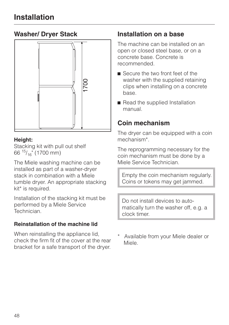 Installation on a base 48, Installation, Washer/ dryer stack | Installation on a base, Coin mechanism | Miele PW 6065 User Manual | Page 48 / 72