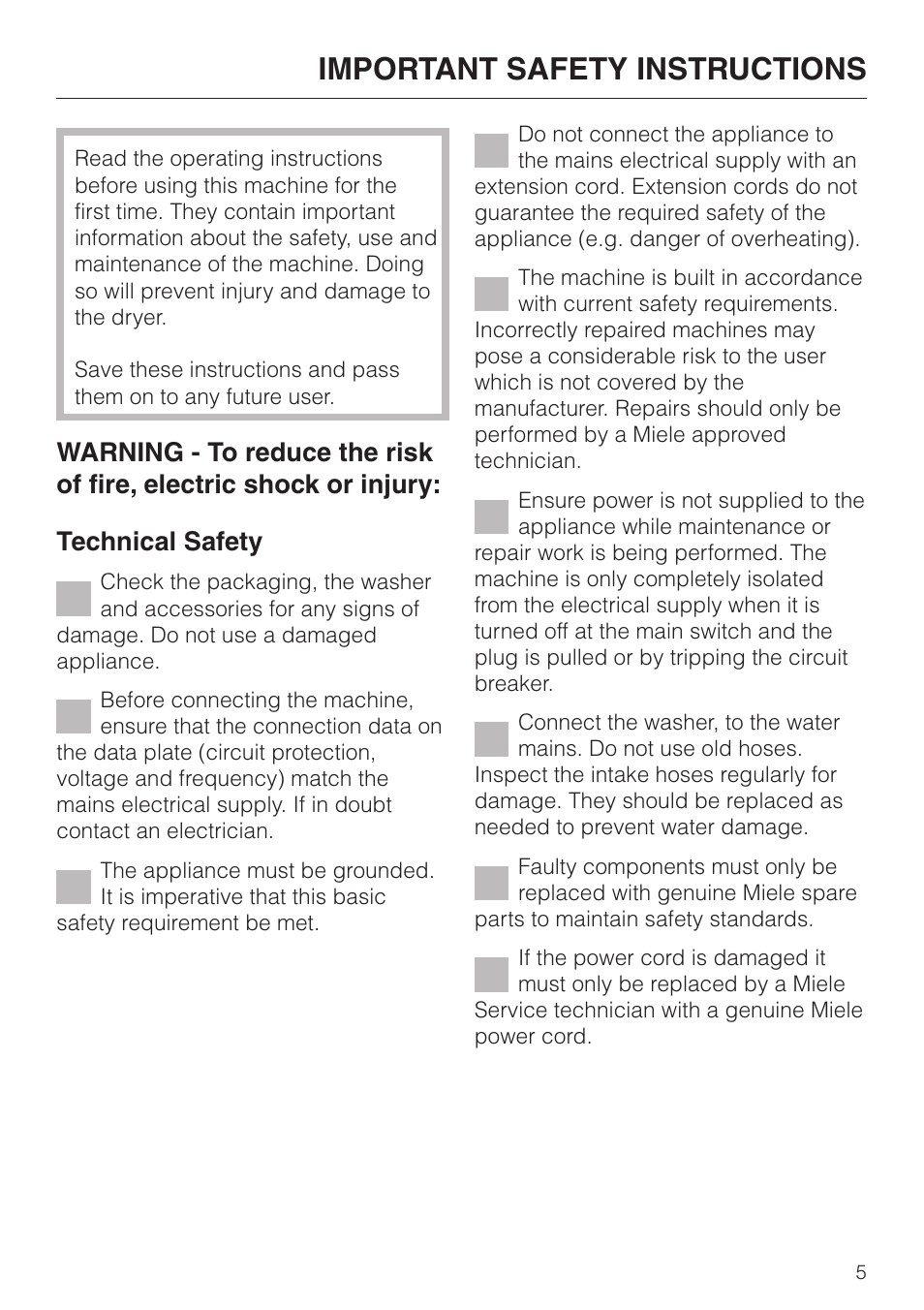 Important safety instructions 5, Important safety instructions | Miele PW 6065 User Manual | Page 5 / 72