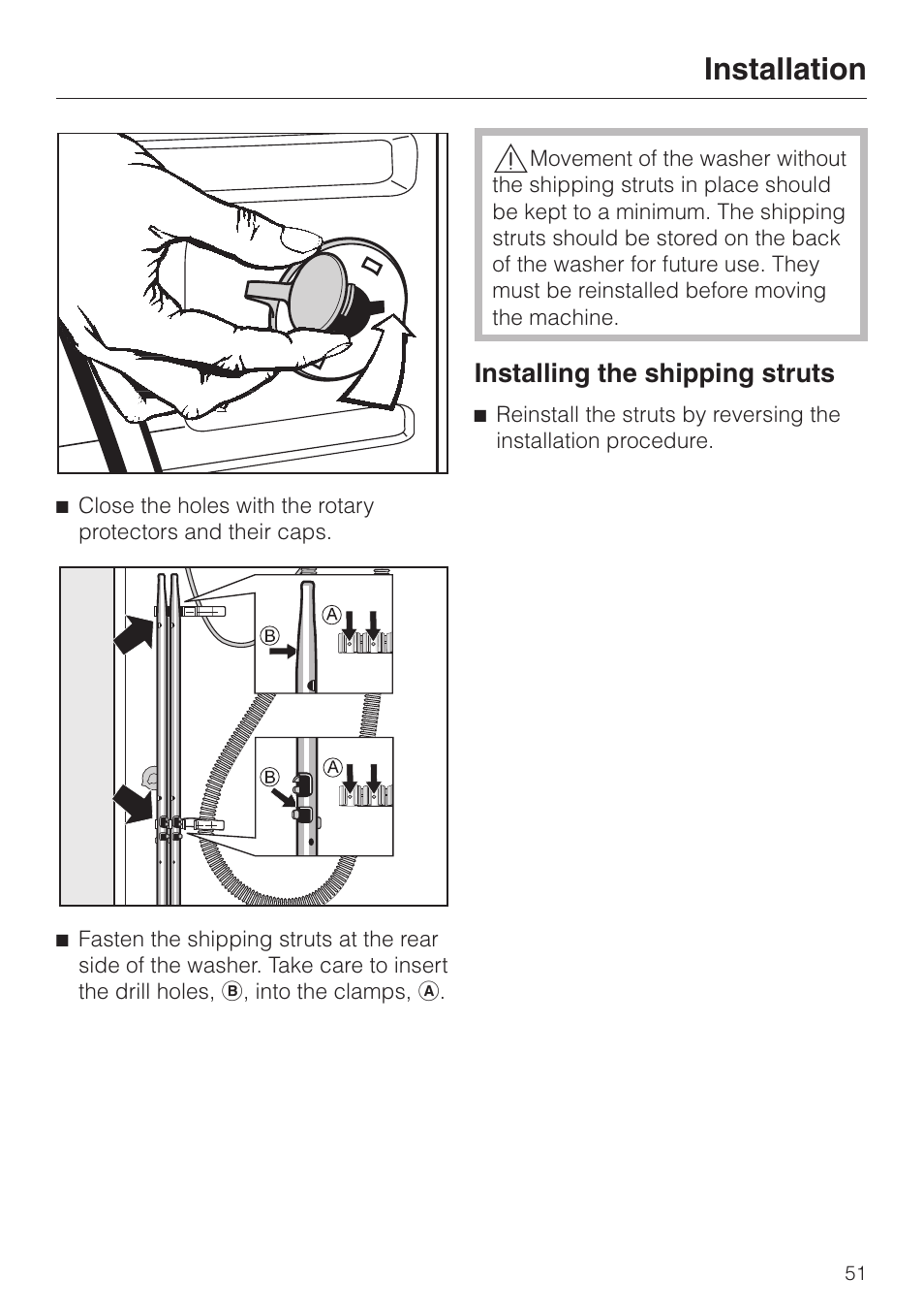 Installing the shipping struts 51, Installation | Miele PW 6065 User Manual | Page 51 / 72
