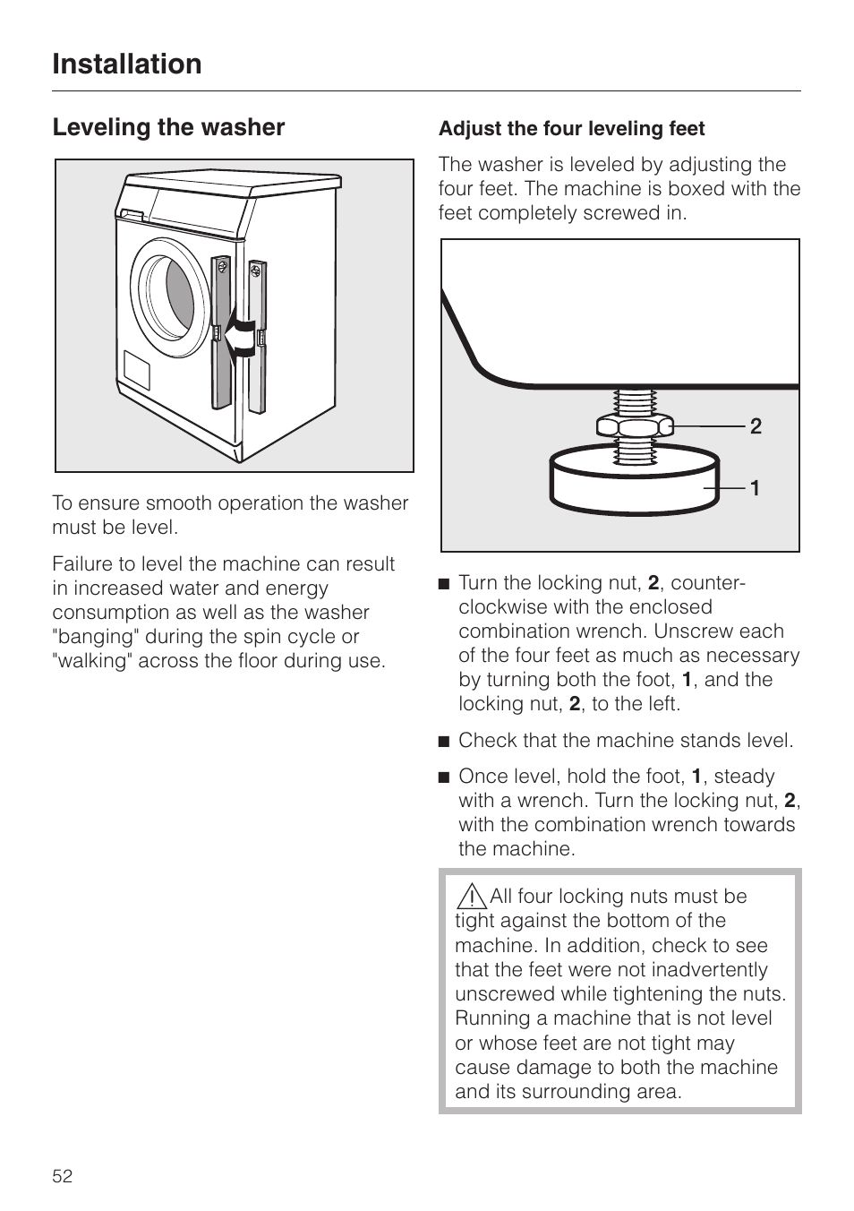 Leveling the washer 52, Installation, Leveling the washer | Miele PW 6065 User Manual | Page 52 / 72