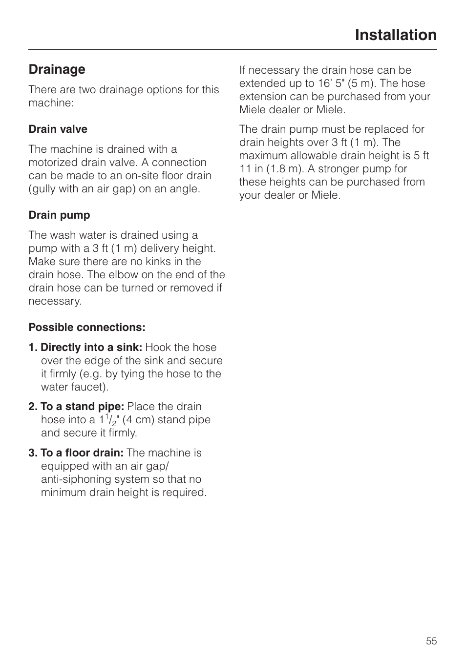 Drainage 55, Installation, Drainage | Miele PW 6065 User Manual | Page 55 / 72