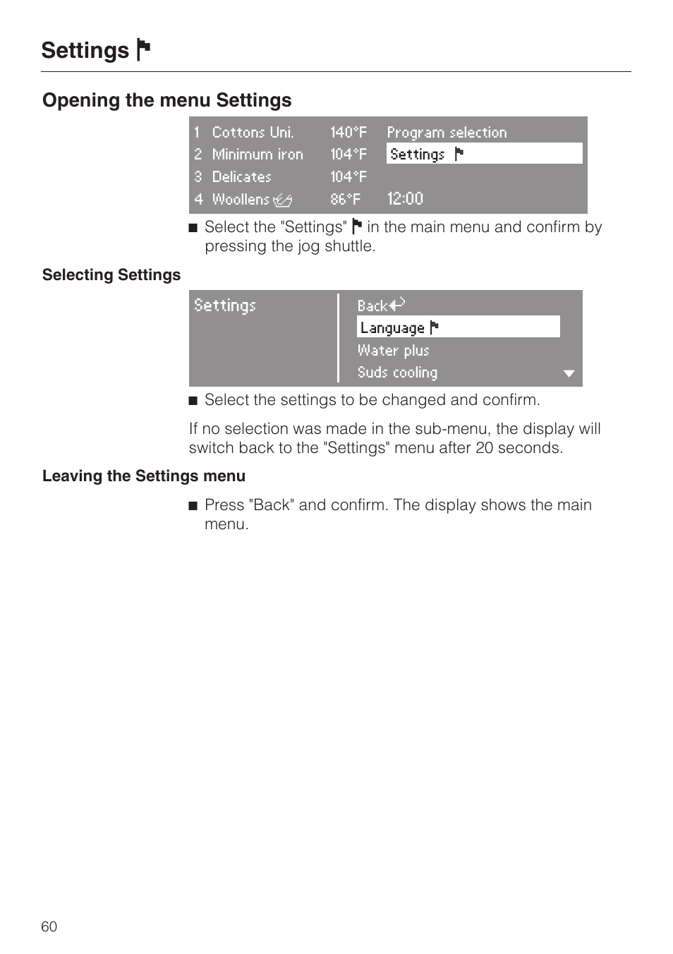 Settings j 60, Settings j, Opening the menu settings | Miele PW 6065 User Manual | Page 60 / 72