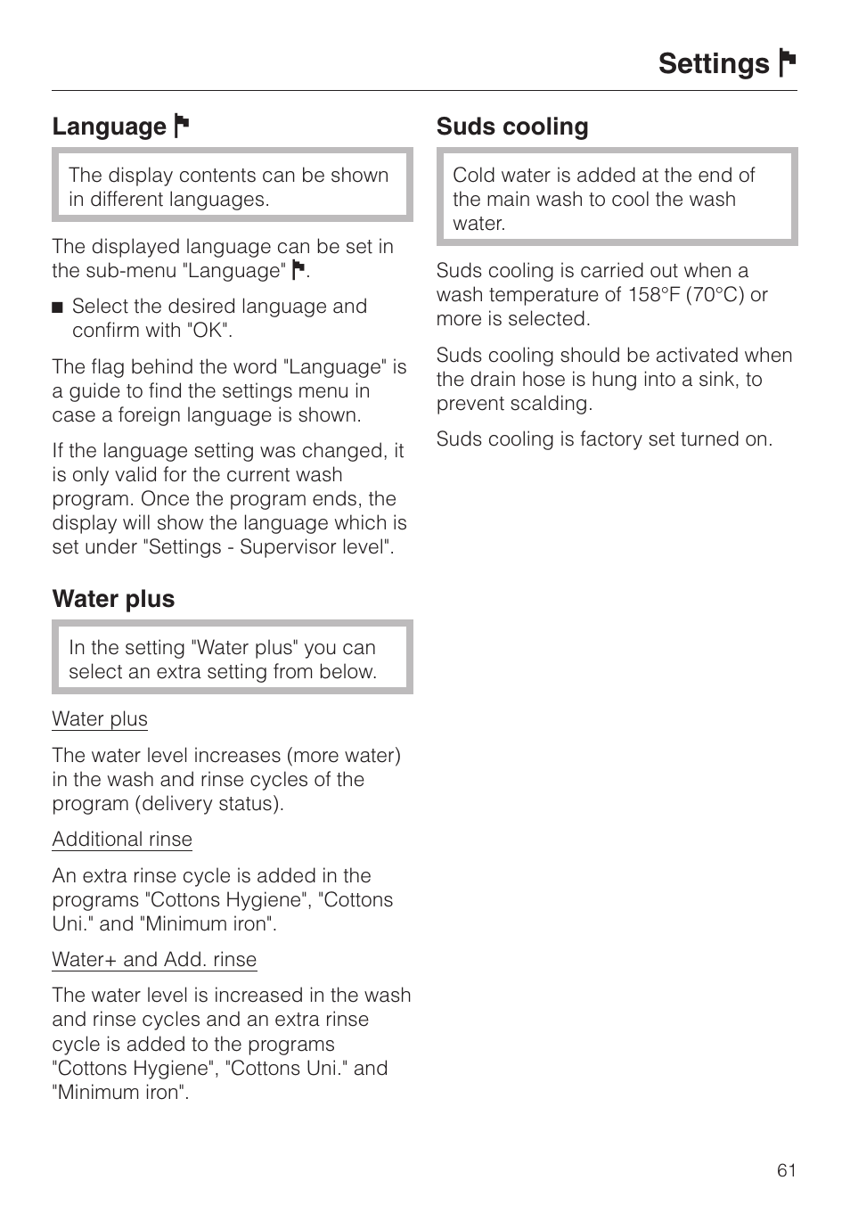 Settings j, Language j, Water plus | Suds cooling | Miele PW 6065 User Manual | Page 61 / 72