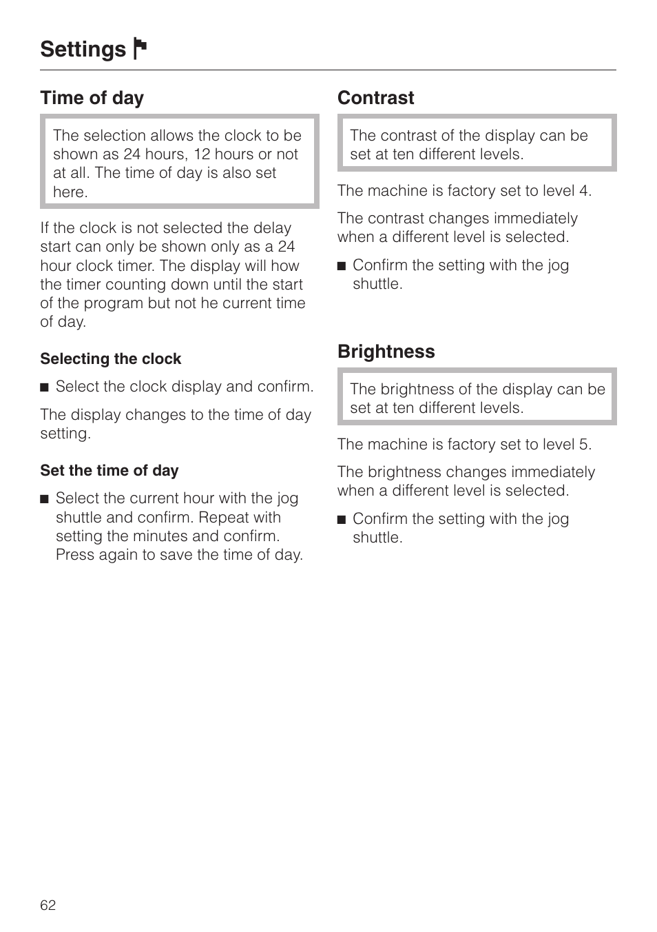 Settings j, Time of day, Contrast | Brightness | Miele PW 6065 User Manual | Page 62 / 72