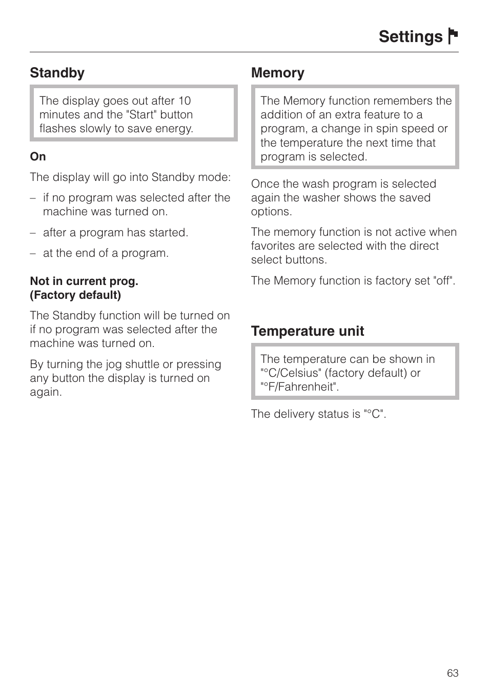 Settings j, Standby, Temperature unit | Miele PW 6065 User Manual | Page 63 / 72