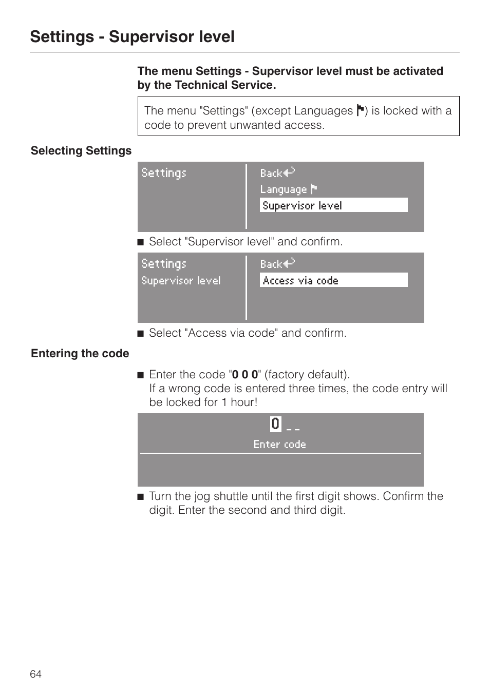 Settings - supervisor level 64, Settings - supervisor level | Miele PW 6065 User Manual | Page 64 / 72