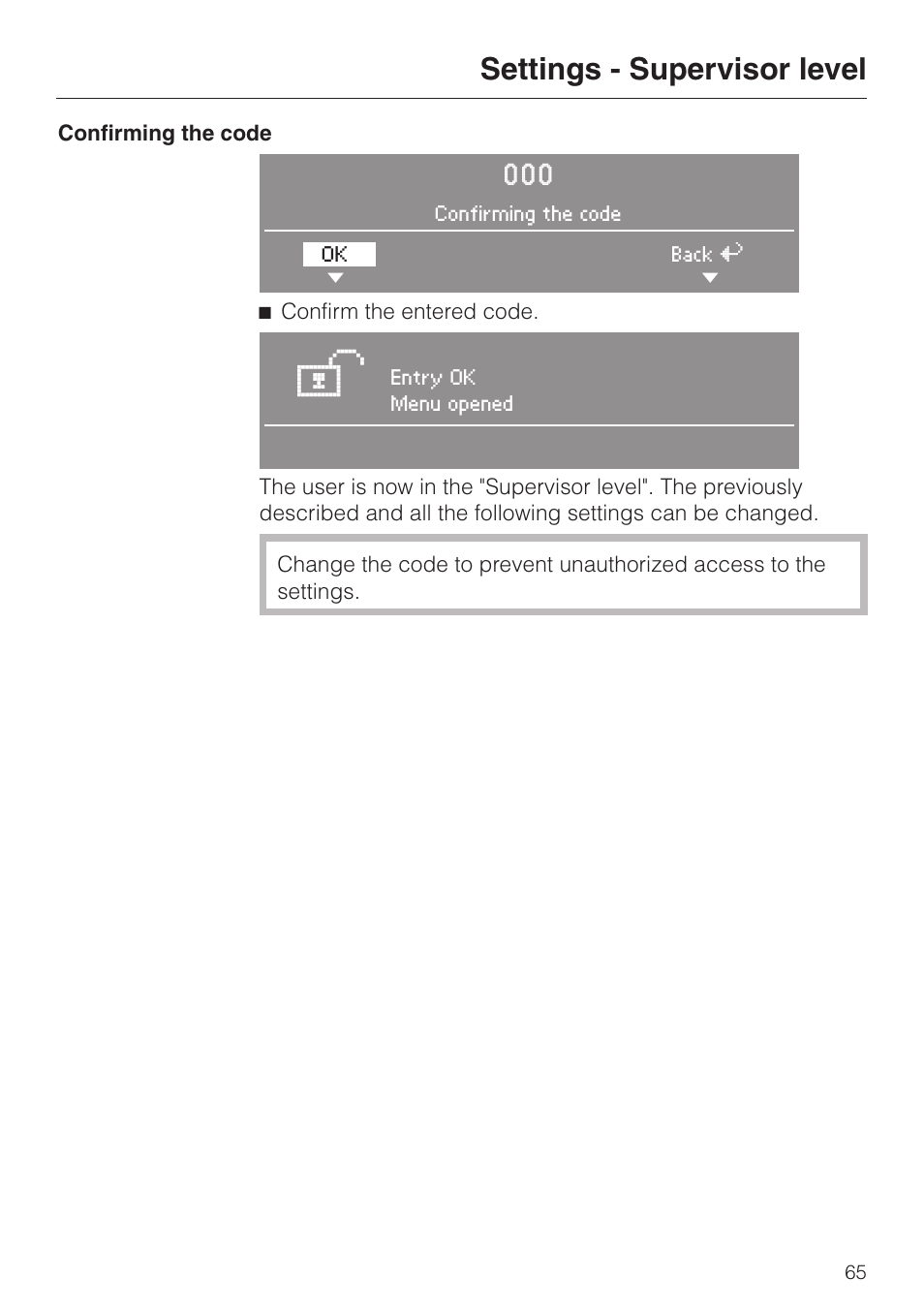 Settings - supervisor level | Miele PW 6065 User Manual | Page 65 / 72