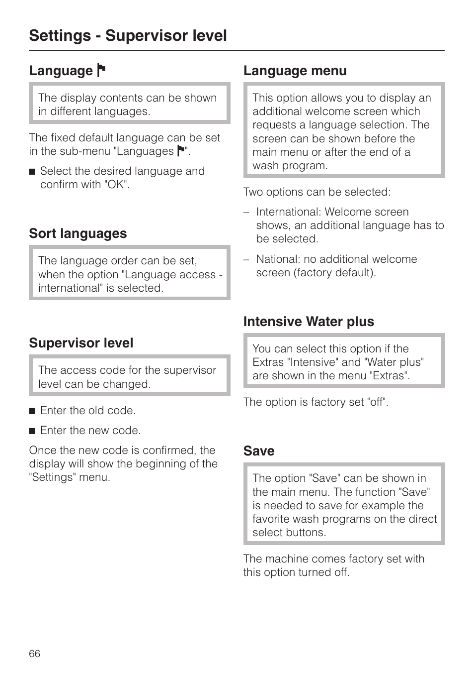 Settings - supervisor level, Language j, Sort languages | Supervisor level, Language menu, Intensive water plus, Save | Miele PW 6065 User Manual | Page 66 / 72