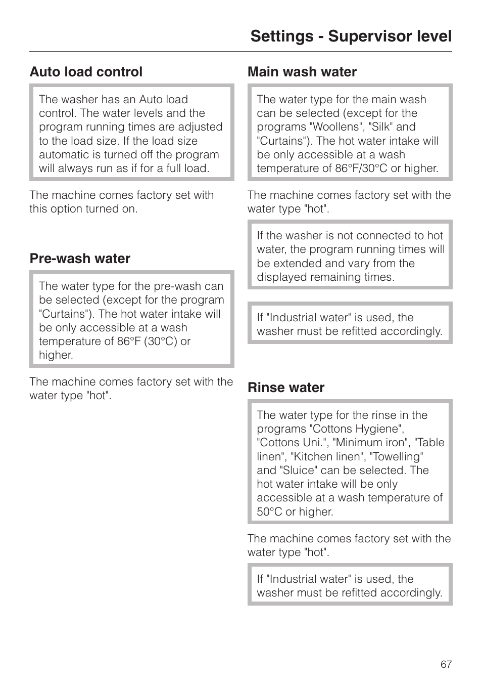 Settings - supervisor level | Miele PW 6065 User Manual | Page 67 / 72