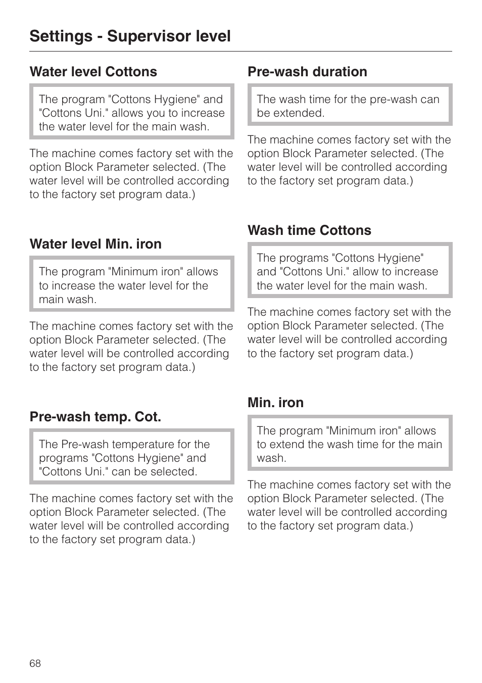 Settings - supervisor level | Miele PW 6065 User Manual | Page 68 / 72