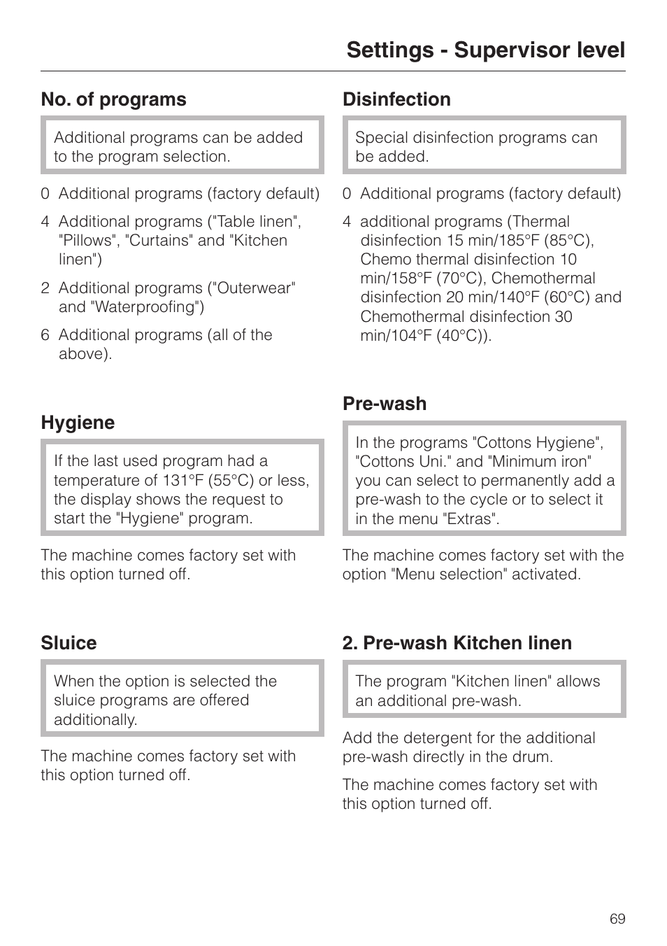 Settings - supervisor level, No. of programs, Hygiene | Sluice, Disinfection, Pre-wash, Pre-wash kitchen linen | Miele PW 6065 User Manual | Page 69 / 72