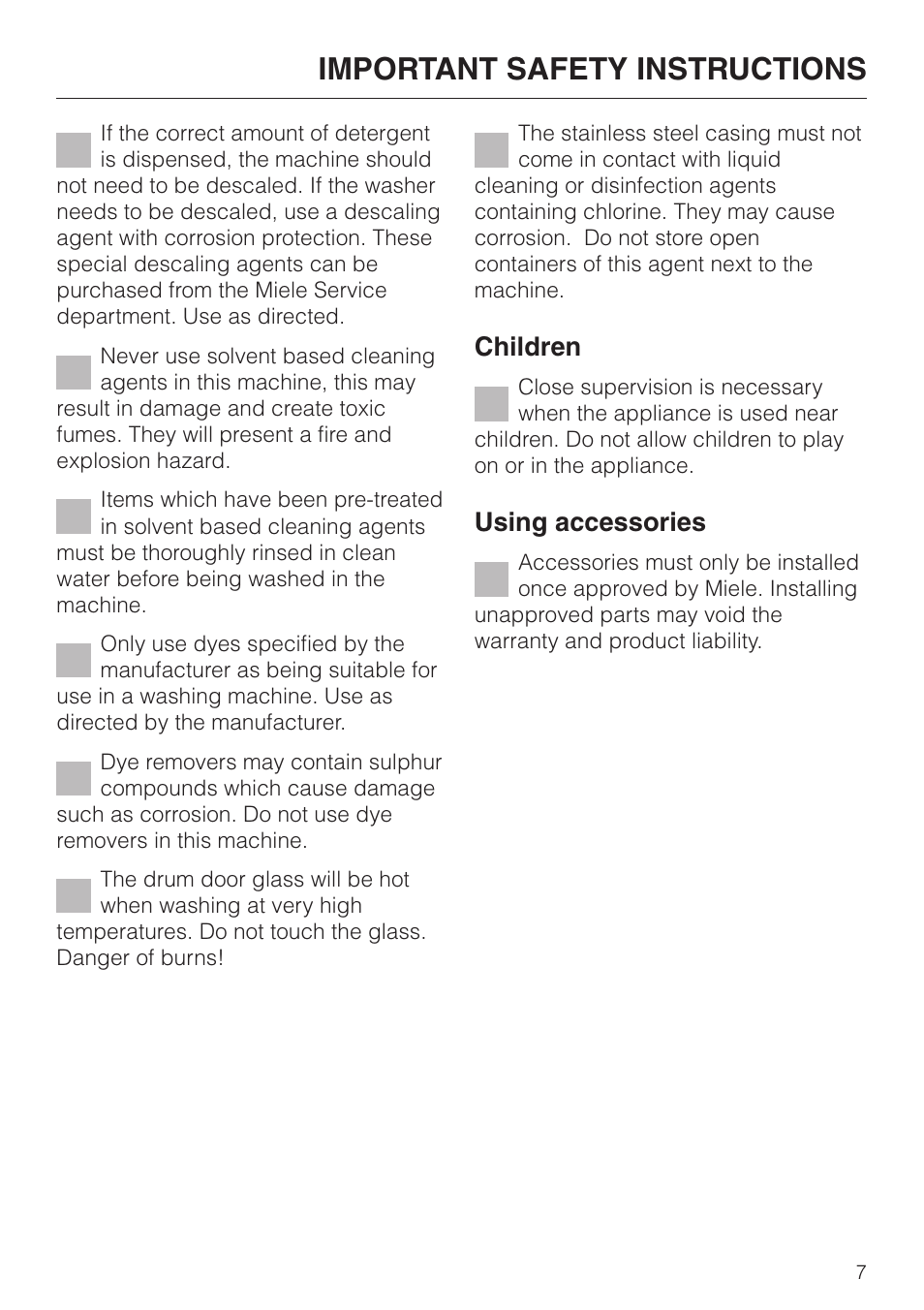 Important safety instructions, Children, Using accessories | Miele PW 6065 User Manual | Page 7 / 72