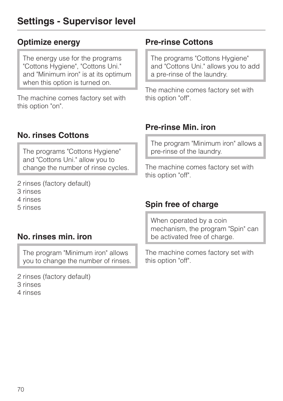 Settings - supervisor level | Miele PW 6065 User Manual | Page 70 / 72