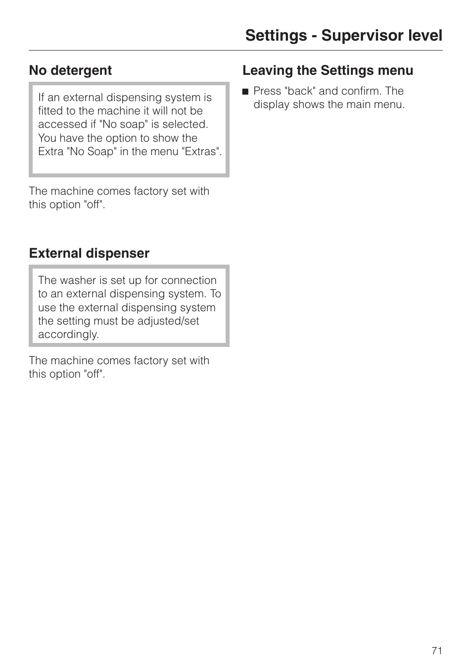 Settings - supervisor level | Miele PW 6065 User Manual | Page 71 / 72