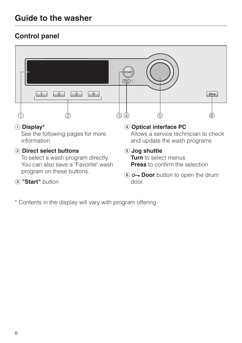 Guide to the washer 8, Control panel 8, Guide to the washer | Control panel | Miele PW 6065 User Manual | Page 8 / 72