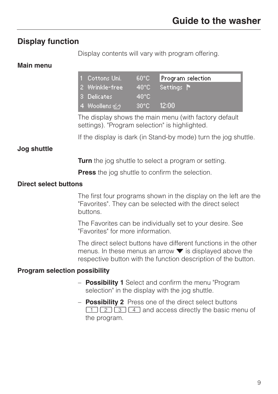 Guide to the washer, Display function | Miele PW 6065 User Manual | Page 9 / 72