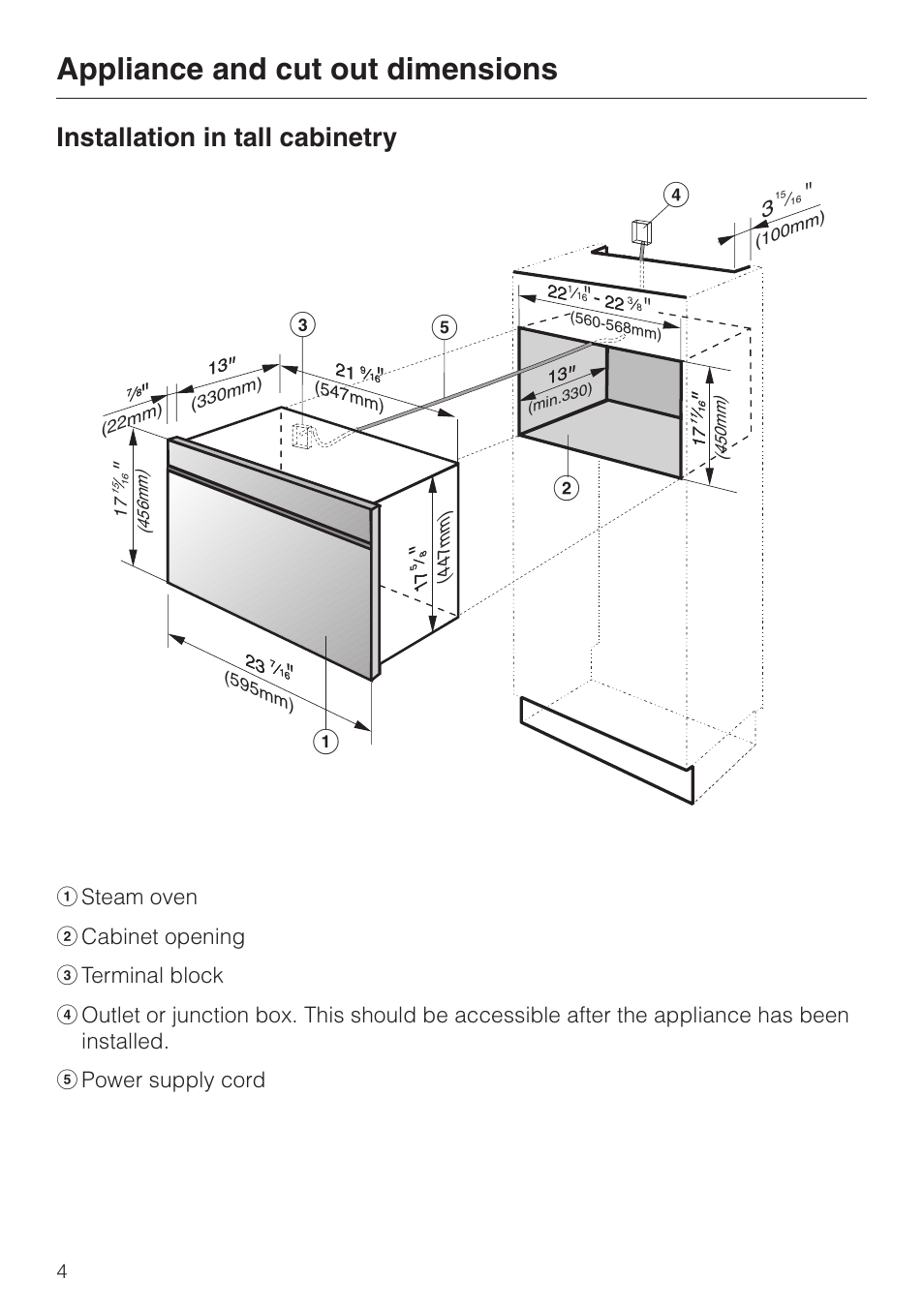 Appliance and cut out dimensions 4, Installation in tall cabinetry 4, Appliance and cut out dimensions | Installation in tall cabinetry, Bc d f e | Miele DG155-2 User Manual | Page 4 / 12