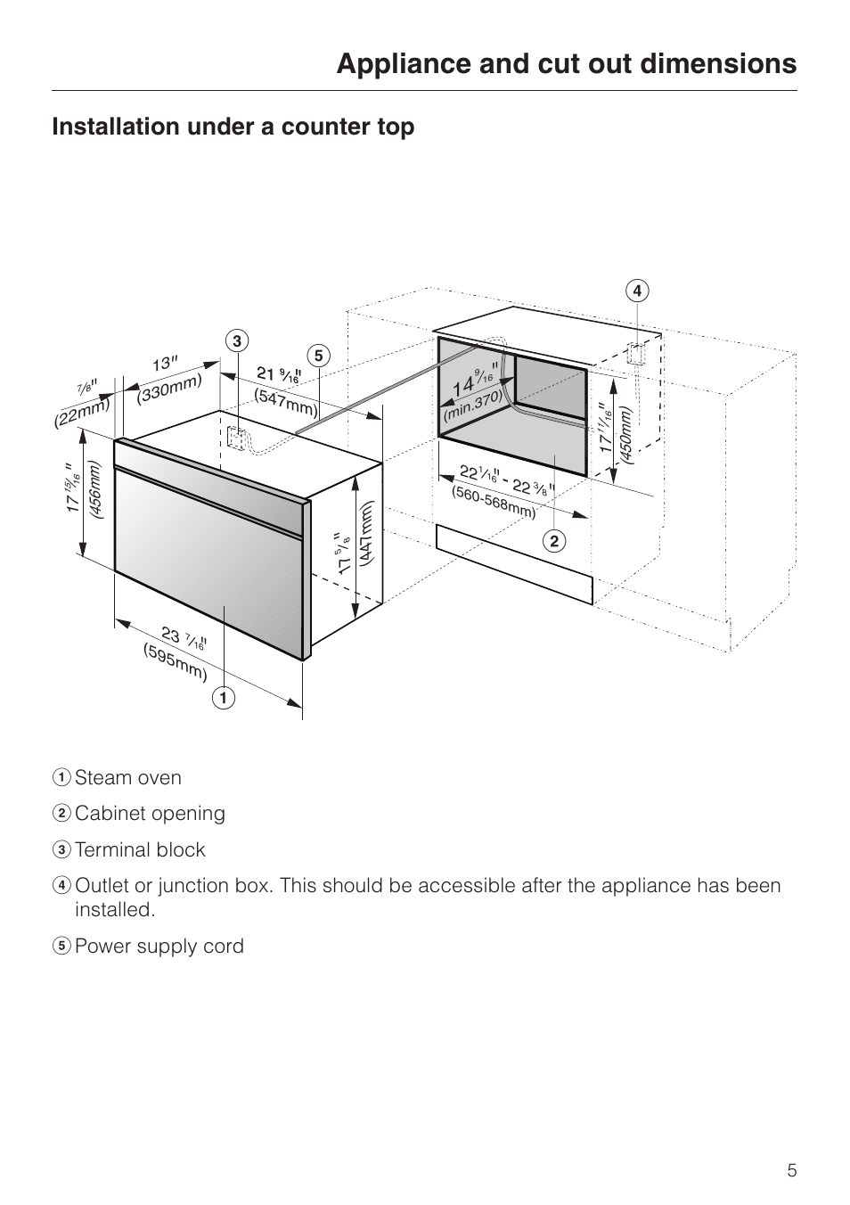 Installation under a counter top 5, Installation under a counter top, Cd f b e | Appliance and cut out dimensions | Miele DG155-2 User Manual | Page 5 / 12