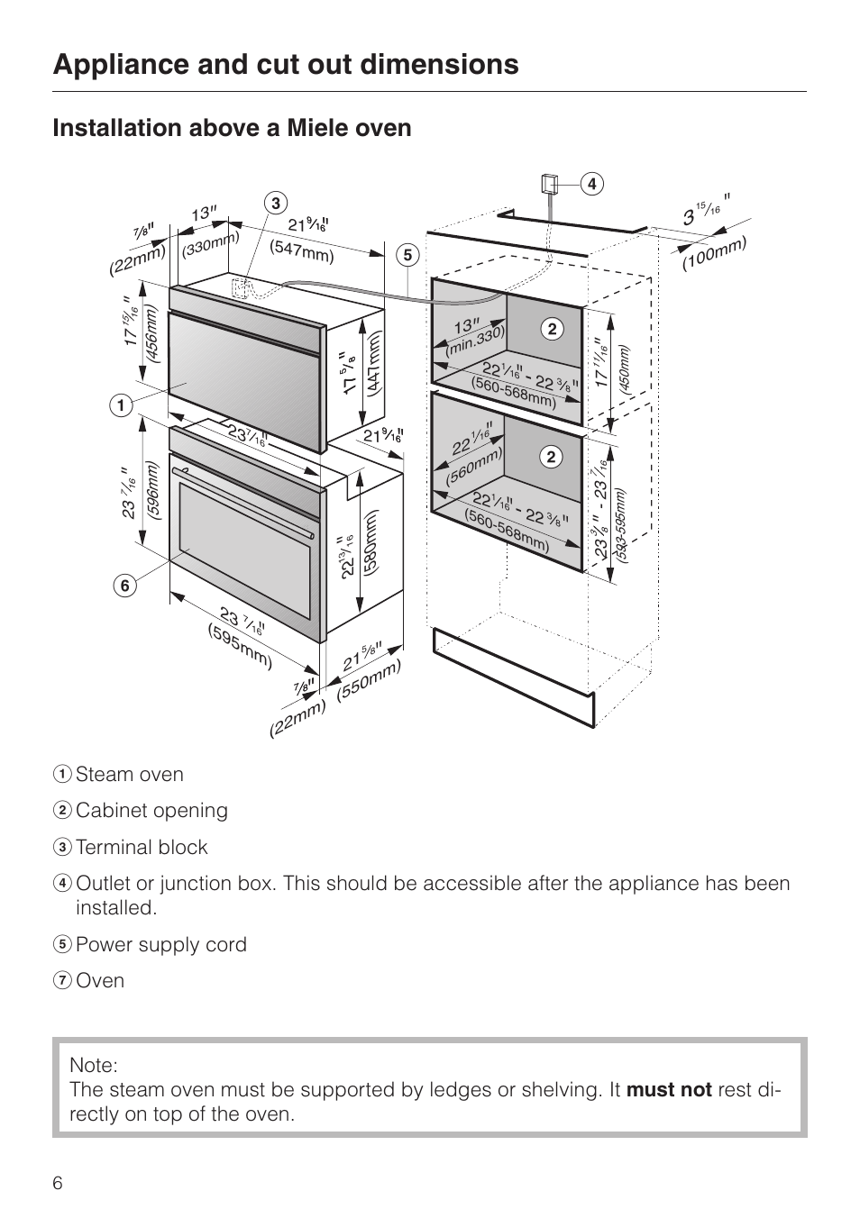 Installation above a miele oven 6, Installation above a miele oven, Appliance and cut out dimensions | Miele DG155-2 User Manual | Page 6 / 12