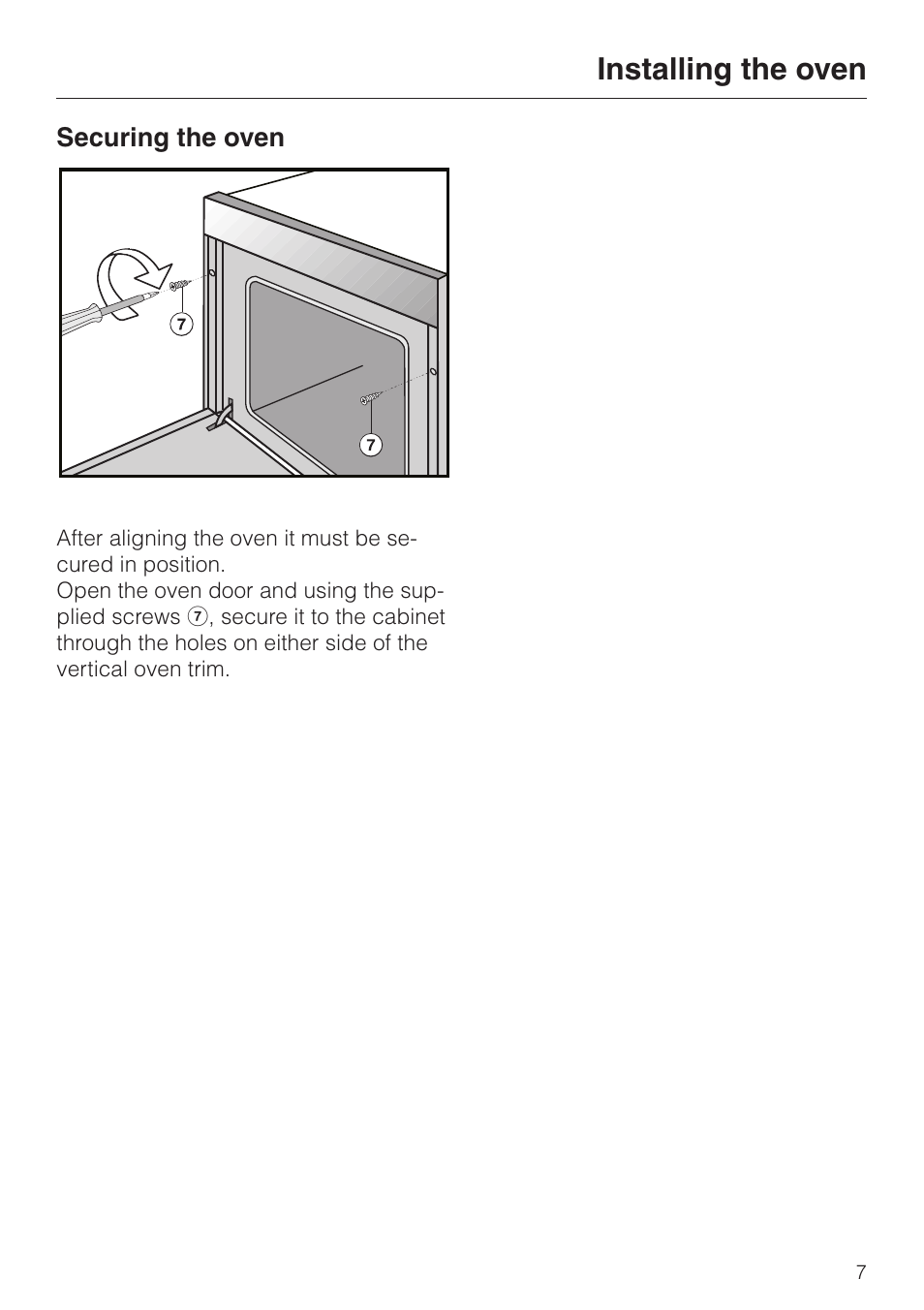 Installing the oven 7, Securing the oven 7, Installing the oven | Securing the oven | Miele DG155-2 User Manual | Page 7 / 12