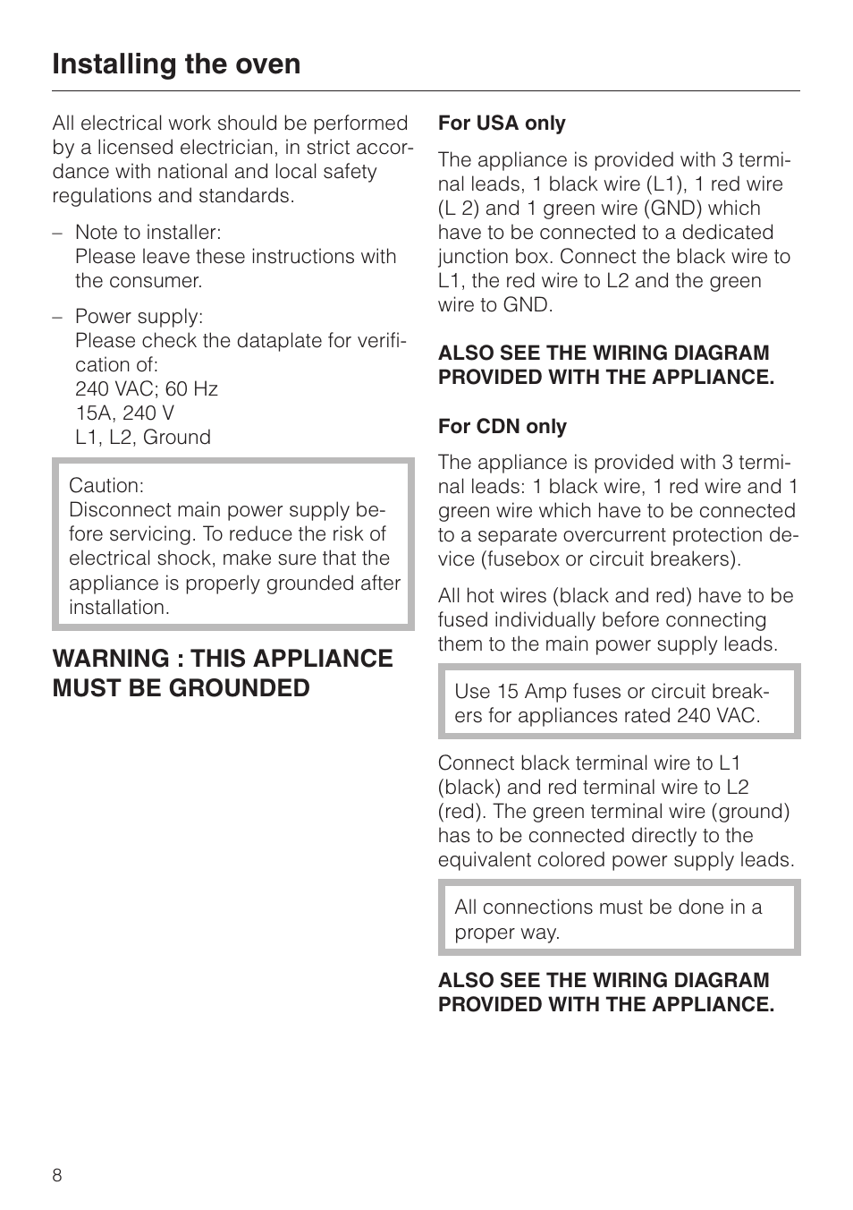 Installing the oven, Warning : this appliance must be grounded | Miele DG155-2 User Manual | Page 8 / 12