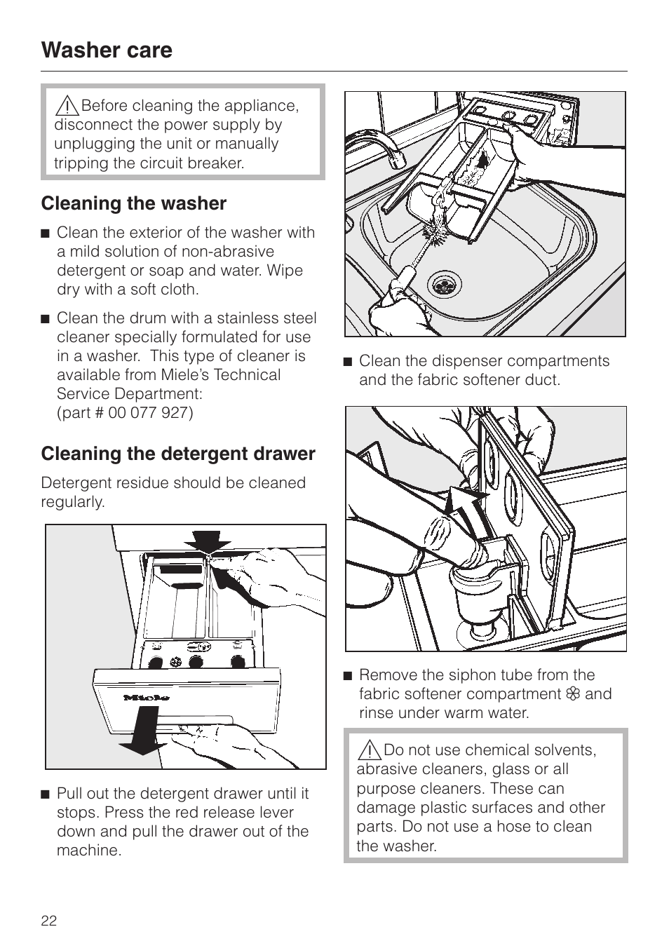 Washer care 22, Cleaning the washer 22, Cleaning the detergent drawer 22 | Cleaning the washer cleaning the detergent drawer, Washer care, Cleaning the washer, Cleaning the detergent drawer | Miele W1986 User Manual | Page 22 / 52