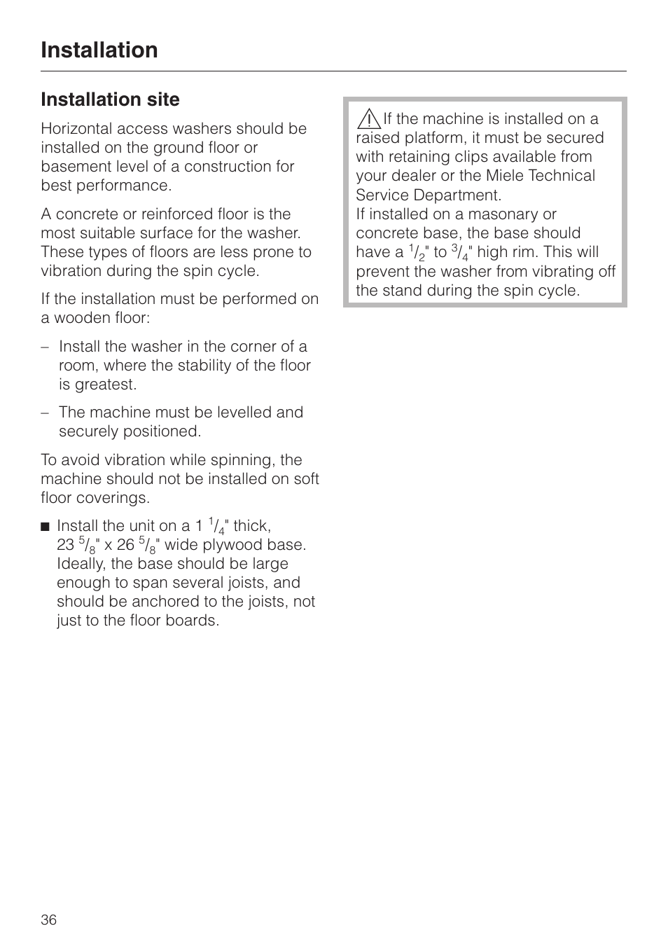 Installation 36, Installation site 36, Installation | Installation site | Miele W1986 User Manual | Page 40 / 52