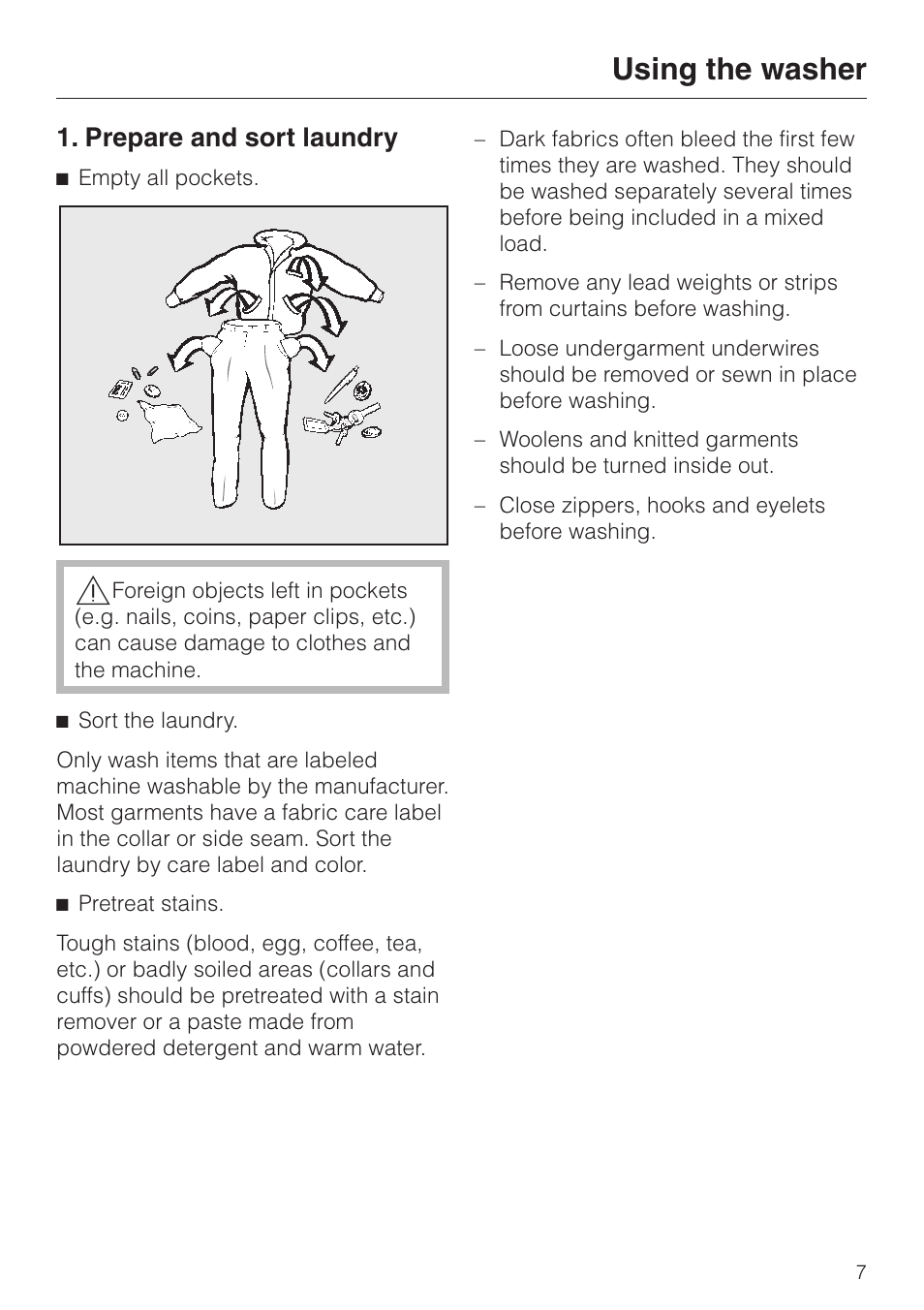 Using the washer 7, Prepare and sort laundry 7, Using the washer | Prepare and sort laundry | Miele W1986 User Manual | Page 7 / 52
