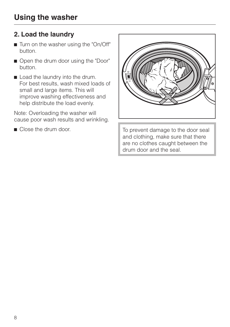 Load the laundry 8, Load the laundry, Using the washer | Miele W1986 User Manual | Page 8 / 52